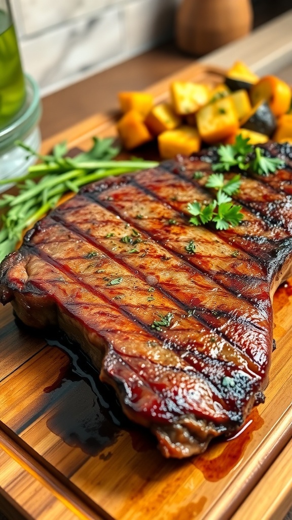A juicy air fryer steak garnished with herbs on a wooden board with roasted vegetables.
